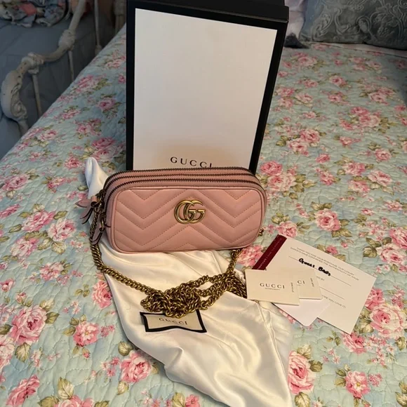 💎Gucci💎 Marmont *Triple Zip* Nude Blush Pink Camera  Crossbody - Picture 3 of 12